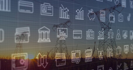 Towering trio of high-voltage towers standing in rural sunset field, showing financial or data icons