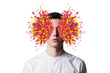 Man with abstract colorful rectangular bursts emanating from his eyes