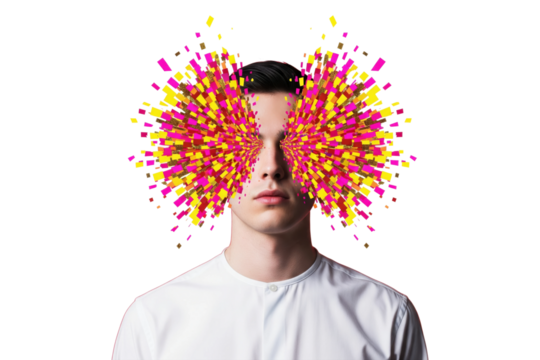 Man with abstract colorful rectangular bursts emanating from his eyes - Powered by Adobe