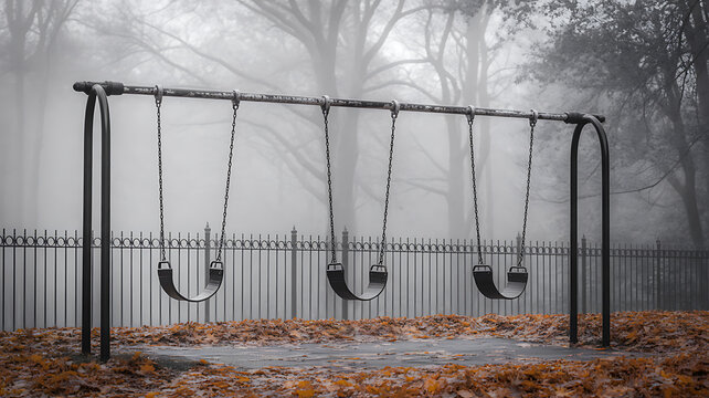 Black and white photograph of empty swings in a foggy park with fallen leaves playground swing set