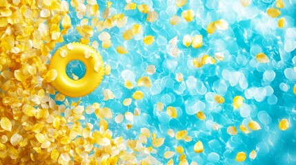 Yellow autumn leaves and an inflatable ring floating on blue water. Fall season theme with a summer vibe.