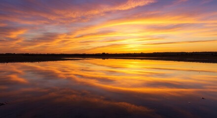 Obraz premium serene sunset over calm lake with vibrant orange sky