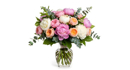 Fototapeta premium Elegant Bouquet of Pink and White Peonies and Roses in Glass Vase on White Background