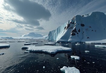 Icebergs and drift ice in polar sea under dramatic winter sky