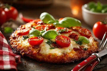 Delicious homemade pizza with fresh basil, tomatoes, and mozzarella on wood table