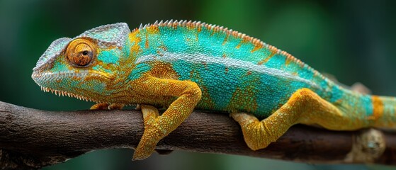 Colorful panther chameleon resting on a branch in natural habitat