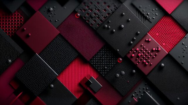 黒と赤の様々なテクスチャの四角いパネルが重なり合う抽象的な背景 | Abstract Background of Overlapping Black and Red Square Panels with Various Textures