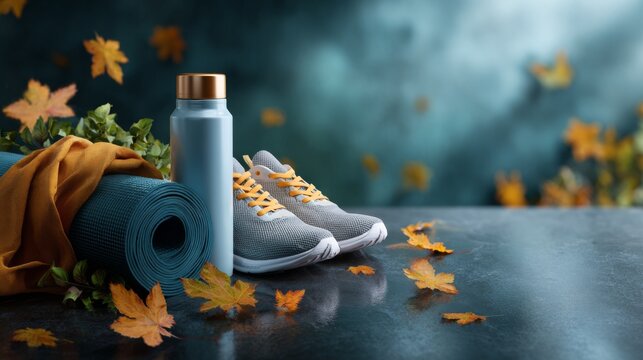 Autumn fitness gear with yoga mat, bottle, and sneakers on a dark surface, surrounded by fall leaves, for sport and healthy lifestyle.