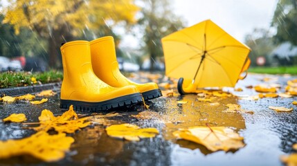 Obraz premium Yellow rubber boots and umbrella on wet asphalt with fallen autumn leaves during a rainy day. Seasonal weather concept.
