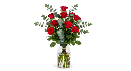 Obraz premium Elegant Bouquet of Red Roses and Eucalyptus in Glass Vase on White Background