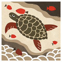 Vector art of an artistic depiction of a sea turtle swimming alongside a school of small red fish in a textured underwater environment with sandy seabed