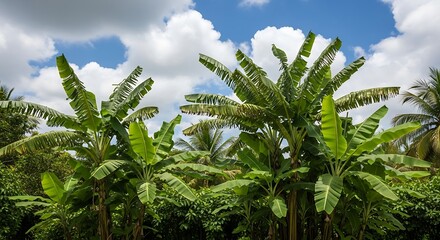 Lush Green Banana Plantation Under a Blue Sky with Clouds