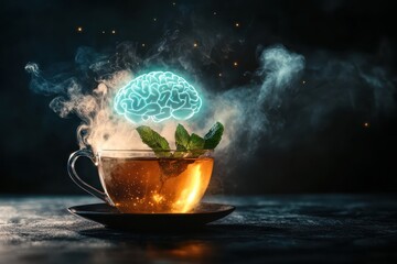 steaming teacup with mint leaves forming brain-shaped glowing nebula above it.