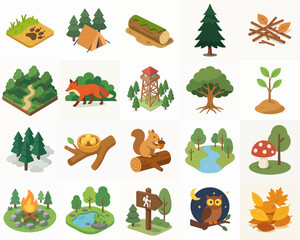 Isometric Pixelated Forest Wildlife and Camping Elements Illustration Set