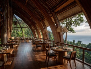 Fototapeta premium Bali-inspired terrace restaurant with panoramic jungle and ocean views featuring wooden architecture design