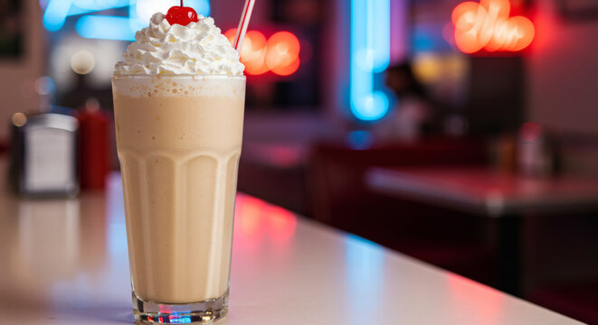 "Milkshake with whipped cream and cherry in a tall glass, sitting on a retro 1950s diner counter with neon signs behind