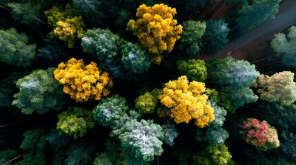 Fototapeta premium Top down aerial view of vibrant autumn forest with colorful trees in yellow and green foliage, nature background.