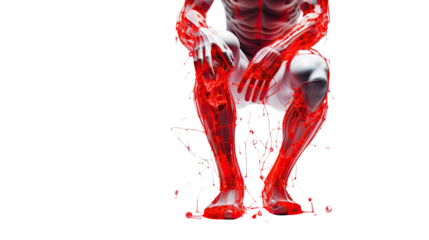 Man placing hand on painful red knees indicating joint discomfort isolated on white background
