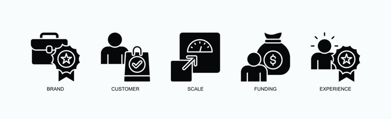Business Growth Icon Set Isolated Vector With Icon Of Brand, Customer, Scale, Funding, Experience In Glyph Style