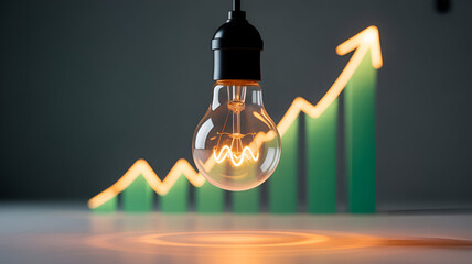 A lightbulb hanging in front of a green graph pointing upwards. This image could represent increasing energy costs.