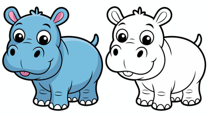Obraz premium Cute Cartoon Hippo Duo – Colored and Black-and-White Hippo Drawing for Kids and Coloring Books.