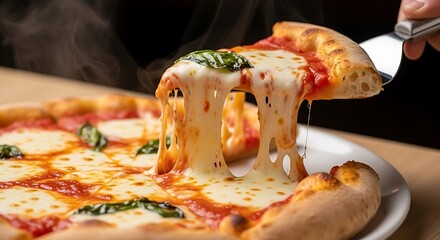 Delicious hot steaming pizza margherita with melted cheese stretching as a slice is lifted from the whole pie representing Italian cuisine and comfort food delight