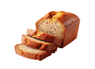 Sliced golden brown banana bread loaf with visible banana pieces baked, Isolated, Png Transparent Background