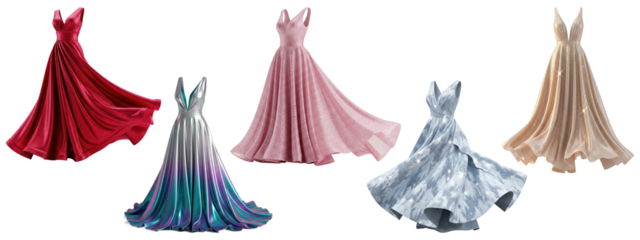 Collection of five elegant flowing gowns in various colors and styles