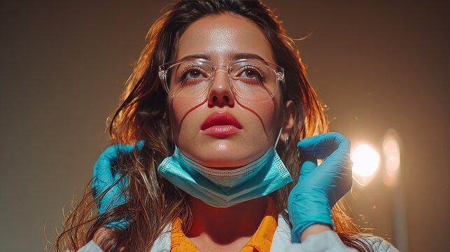 Close-up of a woman in a lab coat, safety glasses, and a medical mask, adjusting it - Powered by Adobe