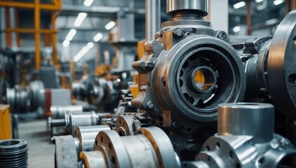 Close-up of industrial machinery parts with metallic textures in a warm factory environment.	
