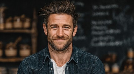 Obraz premium Close-up portrait of a man smiling, casual clothing, rustic background