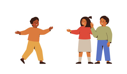 Obraz premium three kids friends. Happy girl and boys mates together, greeting with hi gesture. Elementary school children, classmates smiling and waving with hands. vector illustration