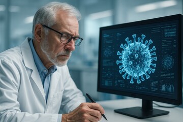 Scientist in Lab Analyze Virus: A dedicated scientist, immersed in thought, meticulously analyzes a magnified depiction of a virus displayed on a computer screen within a sterile laboratory setting. 