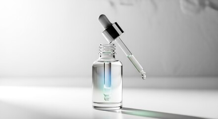 Luxury Skincare Serum with Dropper. Elegant glass bottle of golden beauty serum or essential oil. Single drop falls from pipette onto reflective surface, embodying purity, luxury, cosmetic science