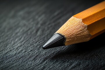 Sharp black graphite pencil on dark texture.