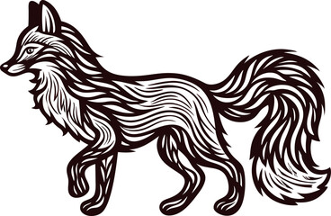 Obraz premium Stylized walking fox illustration with intricate fur pattern on white background, detailed vintage hand drawn animal art