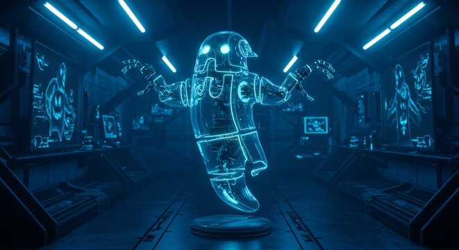 A ghost robot with glowing blue outlines stands in a dark futuristic room with monitors, spooky Halloween digital animation concept. - Powered by Adobe