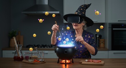 Woman wearing VR headset and witch costume, stirring glowing cauldron with emojis. Halloween virtual reality fun.