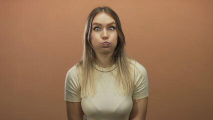 Obraz premium Blonde woman playfully puffing cheeks isolated against brown wall background wearing casual shirt with exaggerated expression.