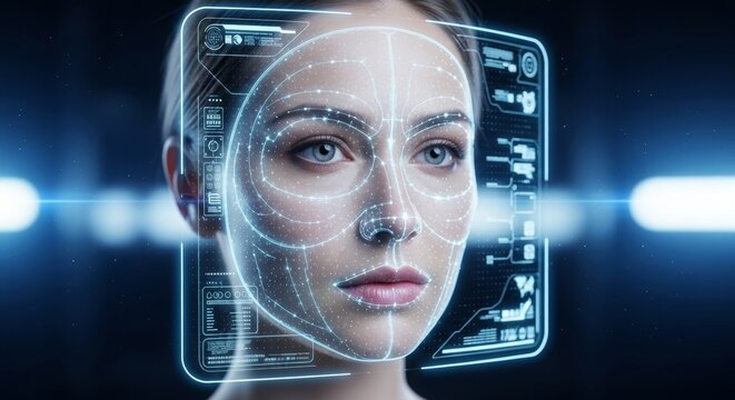 Futuristic facial holographic recognition and biometric analysis of womans face. Concept of artificial intelligence (AI), security, surveillance, digital identity, and future of biometric technology.