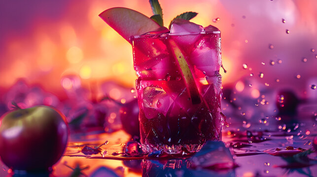 A glass of red cocktail with ice and apple slice on a reflective surface with apples around it . - Powered by Adobe