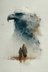 Obraz premium Spiritual Watercolor with Eagle, Divine Light, and Remembering Figures. 