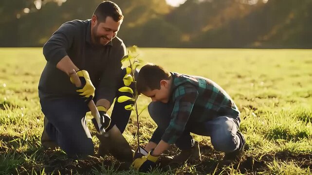 Father and Son Planting a Tree Together in a Sunny Field