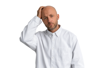 Bald man touching his head with eyes closed, expressing stress, pain, or fatigue. Isolated on transparent background, concept of headache or emotional struggle