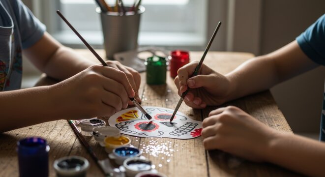 Two kids painting and decorating a sugar skull, a traditional craft for Day of the Dead celebration.
