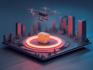 Drone landing gently on a small outdoor platform with rotating LED ring, package attached below, city skyline in distance, style isometric