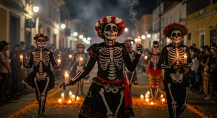 Woman in skeleton costume holding candle. Day of the Dead parade at night. Dia de Muertos celebration for traditional holiday concept.