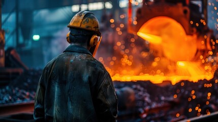 Fototapeta premium Industrial worker observing molten metal