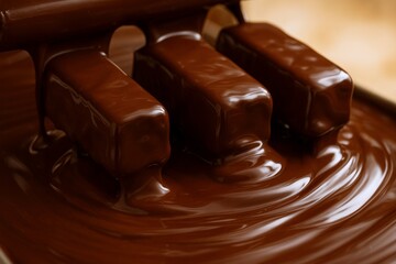 Decadent chocolate bars receiving a lush, glossy coating creates a delicious indulgence during a sweet confectionery production process.