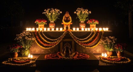 Altar with many lit candles, flowers, and a traditional statue at night. Memorial display for Day of the Dead celebration.